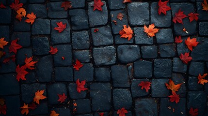 Canvas Print - A dark gray cobblestone floor with red and orange maple leaves scattered on the ground, Generative AI