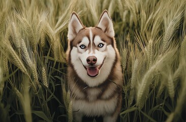 A husky dog playing in the green wheat field