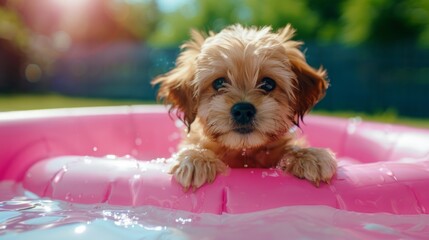 Wall Mural - A small brown dog is in a pink pool