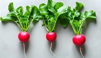 Vibrant red radishes with lush green leaves, ideal for fresh recipes and healthy culinary concepts, celebrating natural produce freshness.