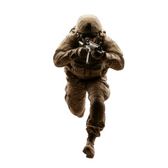 An armed soldier running forward, ready for action, showcasing military training and tactical gear in a dynamic pose. transparent background