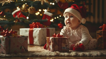 Wall Mural - A baby is laying on the floor in front of a Christmas tree and presents