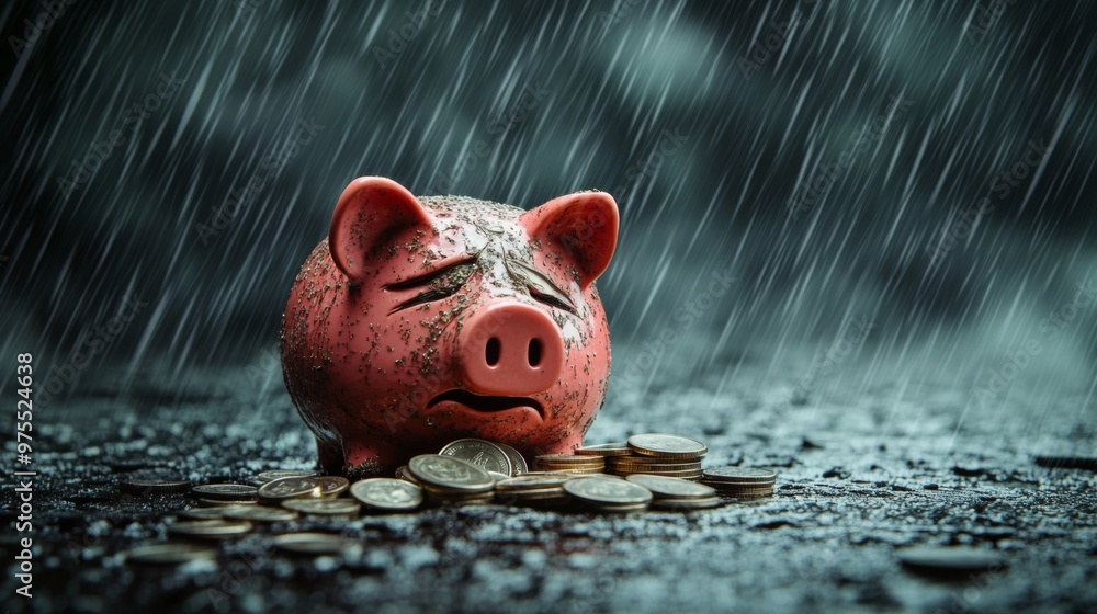 Piggy bank in the shape of a broken piggy bank, looking sad with dollar ...