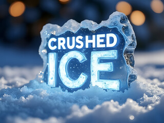 Illuminated crushed ice sign resting on a winter snow-covered ground at dusk with blurred lights in the background