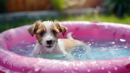 A small dog is in a pink pool