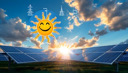 Cheerful depiction of solar energy featuring a smiling sun, solar panels, and technology icons under a vibrant blue sky with fluffy clouds