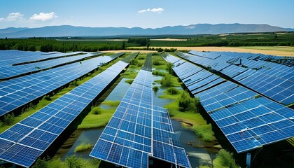 Modern solar panel array capturing renewable energy under a clear blue sky, symbolizing sustainability and eco-friendliness