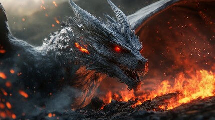 Wall Mural - powerful mythical creature, dragon with red eyes and dark scales amidst flames and lava