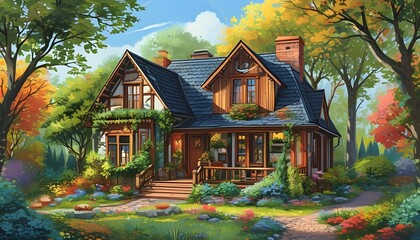 Wall Mural - Charming illustrated house nestled among trees with a vibrant garden, perfect for home design inspiration and cozy living ambiance.