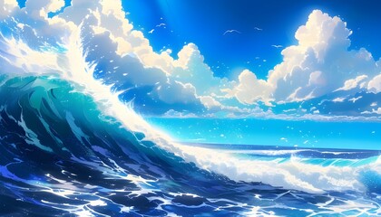 Vibrant anime-inspired ocean waves beneath a bright blue sky with fluffy white clouds, ideal for summer themes and adventurous watery backgrounds