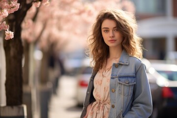 Poster - A woman in a denim jacket stands in front of a tree with pink blossoms