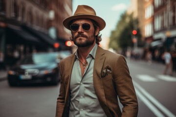 Wall Mural - A man wearing a hat and sunglasses is walking down a street