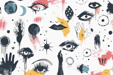 Wall Mural - Doodle sketched abstract elements, brush strokes, contemporary art, eyes, faces smear isolated