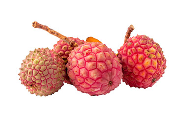 Closeup of fresh lychee fruit with vibrant green leaves isolated on a white background. Concept of tropical fruits and healthy eating