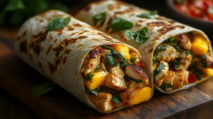 Two delicious chicken and mango burritos on a wooden board.