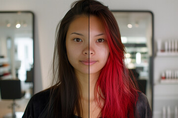 Before after hair color transformation natural black to vibrant bright red salon spa makeover bold haircare style beauty creative dye modern look split screen young Asain woman female 