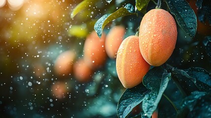 Wall Mural - Ripe mangoes hanging from a tree branch after a light rain shower.