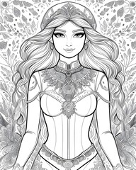 Beautiful girl in a medieval costume. Vector illustration for adult coloring book.