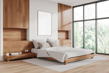 Sticker - Wooden hotel bedroom interior with bed and panoramic window. Mockup frame