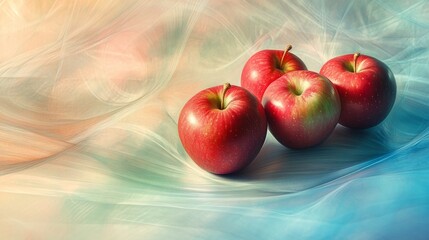 Wall Mural - A Cluster of Red Apples on a Blue and Peach Fabric, Still Life Photography, Apple, Fabric, Still Life