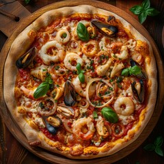 Wall Mural - Seafood Pizza, Pizza Ai Frutti Di Mare with Squid Rings, Mussels and Shrimps with Tomato Sauce