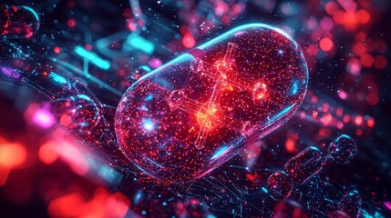 Wall Mural - Digital Capsule of Light A 3D rendering of a glowing capsule with a complex network of lights, creating a futuristic and abstract image. ,capsule, futuristic, network