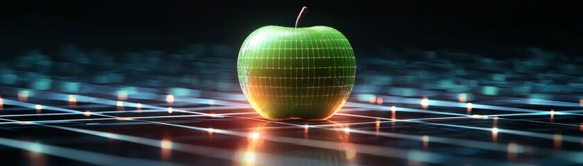 Digital Apple on a Network Grid, 3D Render, Futuristic, Technology, Cyberpunk, Abstract