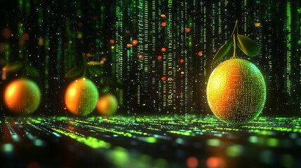 Wall Mural - Digital Orange in a Matrix of Code, 3D Render, Orange, Digital Art, Code