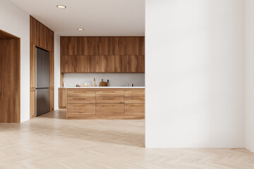 Wall Mural - Modern kitchen with wooden cabinets and blank white wall. 3D Rendering