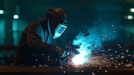 Welder's Spark Show A Silhouette of Expertise in Action, Blue Smoke, Sparks Flying, Industrial, Welding, Metalwork