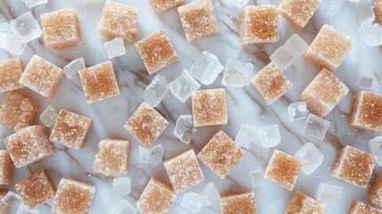 Top view of brown sugar cubes on crystal sugar and white background highlighting unhealthy sweet cravings