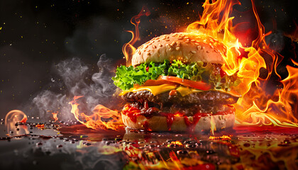 Wall Mural - hot tasty burger in fire