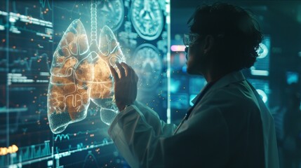 Sticker - A man in a white lab coat is looking at a computer screen with a 3D image of a l