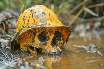 Skull with yellow hard hat submerged in polluted water