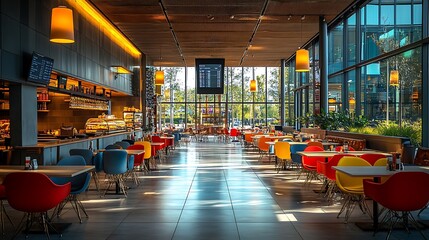 Modern cafe with bright colorful furniture and large windows.