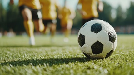 A close-up of a soccer ball on vibrant grass with players in yellow uniforms running in the background, capturing the essence of the game.