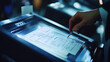 © Worakit - Close up of ballot being scanned by voting machine, showcasing intricate process of electronic voting. image captures importance of civic engagement and technology involved in modern elections