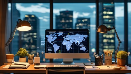 Wall Mural - Strategic Business Analysis with Digital Tools at Modern Office Desk, Expert Insights on Global Data, AI Integration, Illuminated Digital Map in Evening Setting