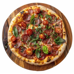 Wall Mural - Pepperoni Pizza, Traditional Italian Diabolo Pizza Flatbread on Wood Plate with Salami, Chili Pepper