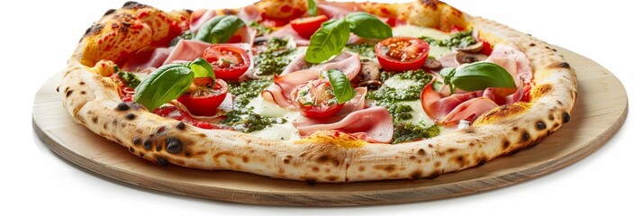 Wall Mural - Parma Ham Pizza with Porcini Mushrooms, Mozzarella, Basil, Cherry Tomatoes, Pesto