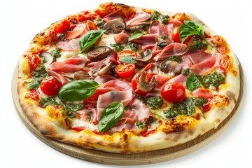 Wall Mural - Parma Ham Pizza with Porcini Mushrooms, Mozzarella, Basil, Cherry Tomatoes, Pesto