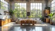 © tono boys - Modern loft apartment with large windows, a kitchen, a living room with a couch and a dining table, plants, and a concrete floor.