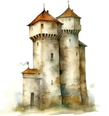 Wall Mural - Old tower building of medieval town in Europe on street. Isolated watercolor illustration on white background. 