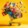 © Auttacha - Shopping Spree: A vibrant explosion of colorful shopping bags and consumer goods bursts from a overflowing shopping cart, set against a bright yellow background, symbolizing the joy and excitement of