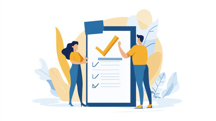 Creating description and keywords for imageA man and woman are placing checkmarks on large checklist, symbolizing task completion and teamwork. background features abstract leaves and shapes, enhancin