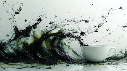 Wall Mural - Black liquid splashing from a white cup, creating a wave-like pattern against a white background.