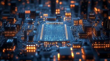 Close-up of a computer motherboard with glowing circuitry and a central processor.