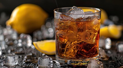 photograph of Glass of ice tea with lemon and ice cubes, cold summer