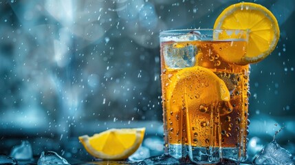 photograph of Glass of ice tea with lemon and ice cubes, cold summer