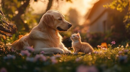 Golden Retriever and Kitten Companionship at Sunset